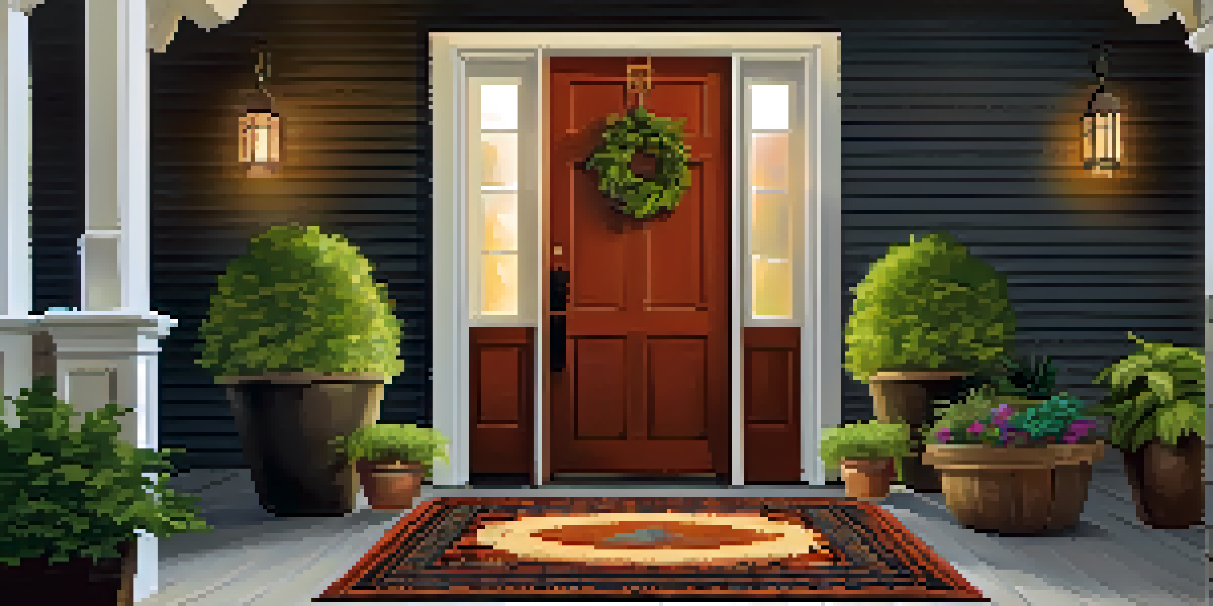 A colorful welcome mat in front of a wooden door, surrounded by plants and a lantern, creating a cozy entryway.