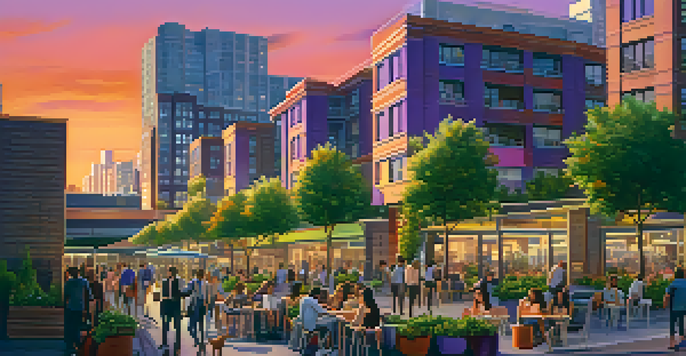 A colorful urban landscape at sunset with modern apartments and busy streets filled with people.