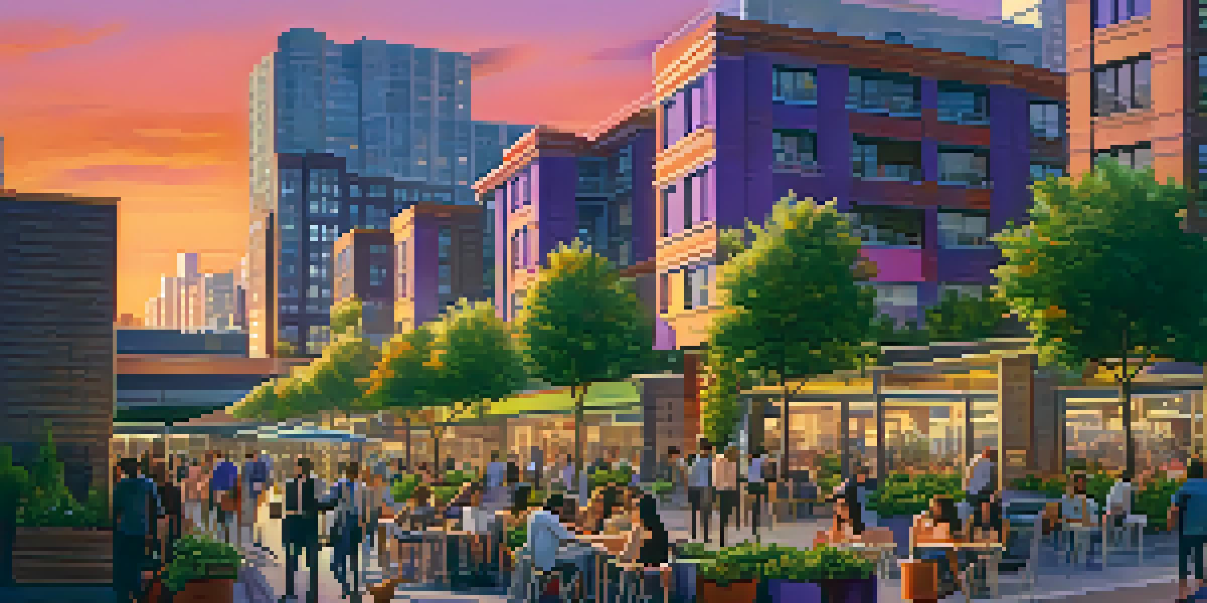 A colorful urban landscape at sunset with modern apartments and busy streets filled with people.
