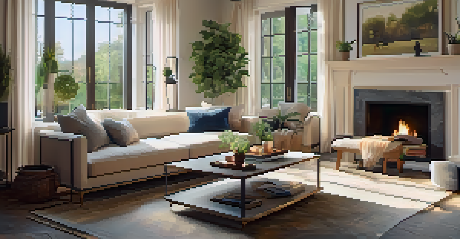 A warm and inviting living room with a sofa, coffee table, and garden view through large windows, adorned with cushions and a rug.