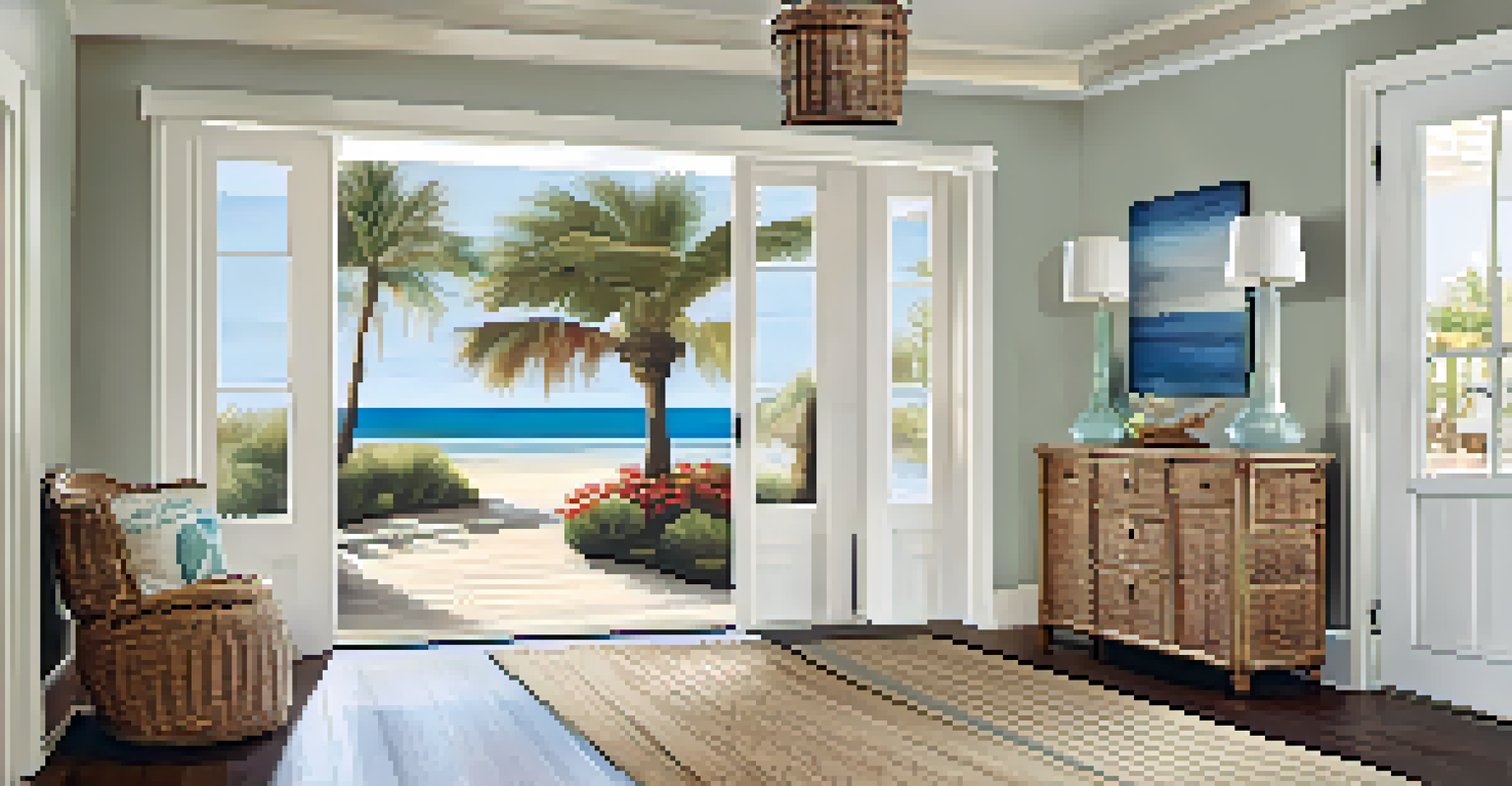 An entryway showcasing light wood floors, beach artwork, and wicker baskets beneath a console table, with nautical pendant lights.