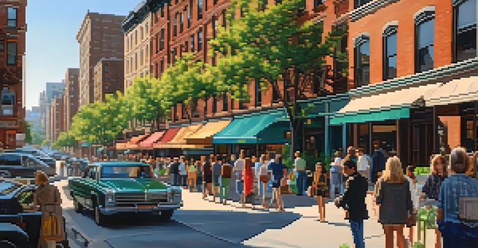 A vibrant city street with various types of residential buildings and people enjoying the outdoors.