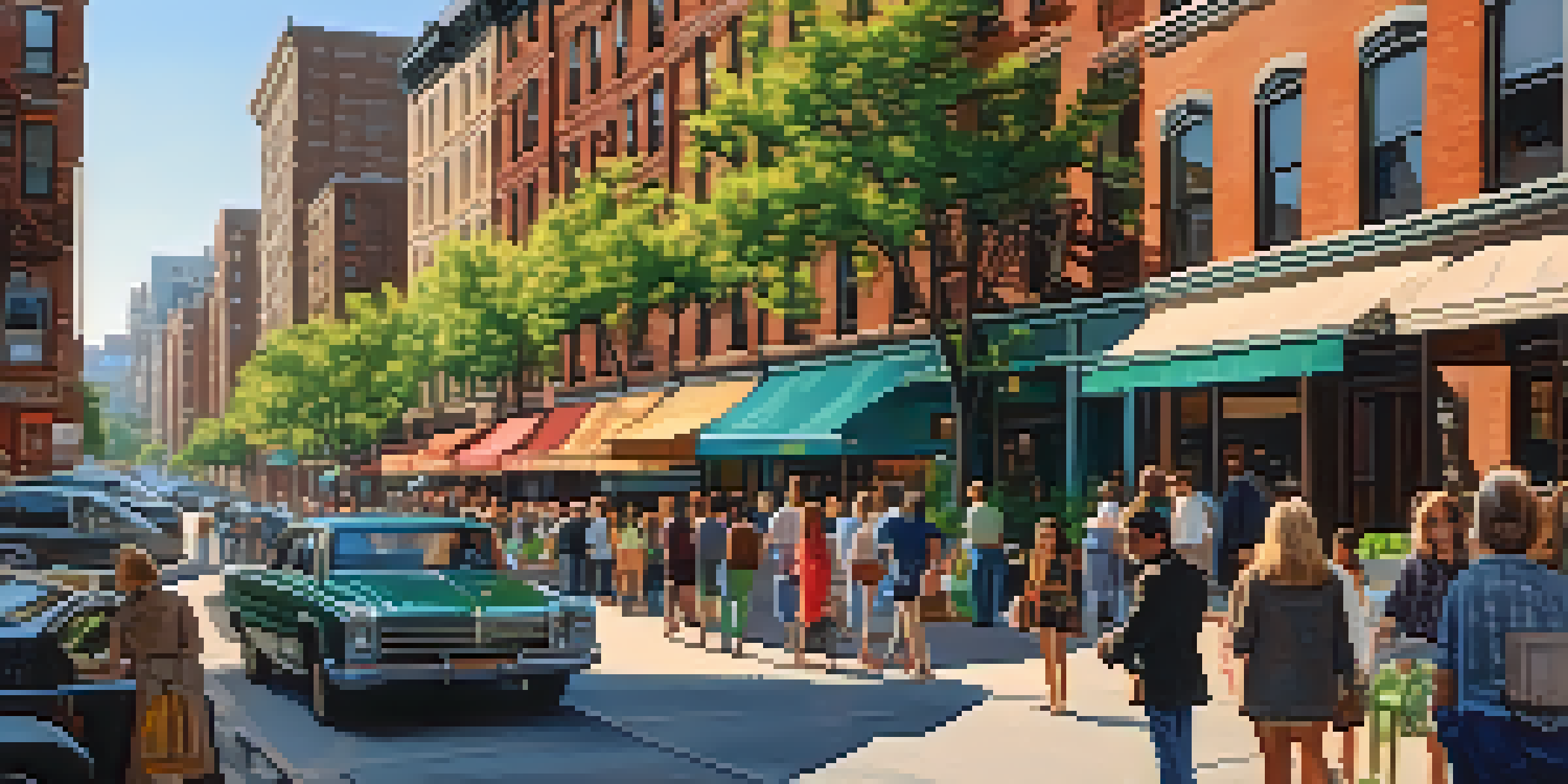 A vibrant city street with various types of residential buildings and people enjoying the outdoors.