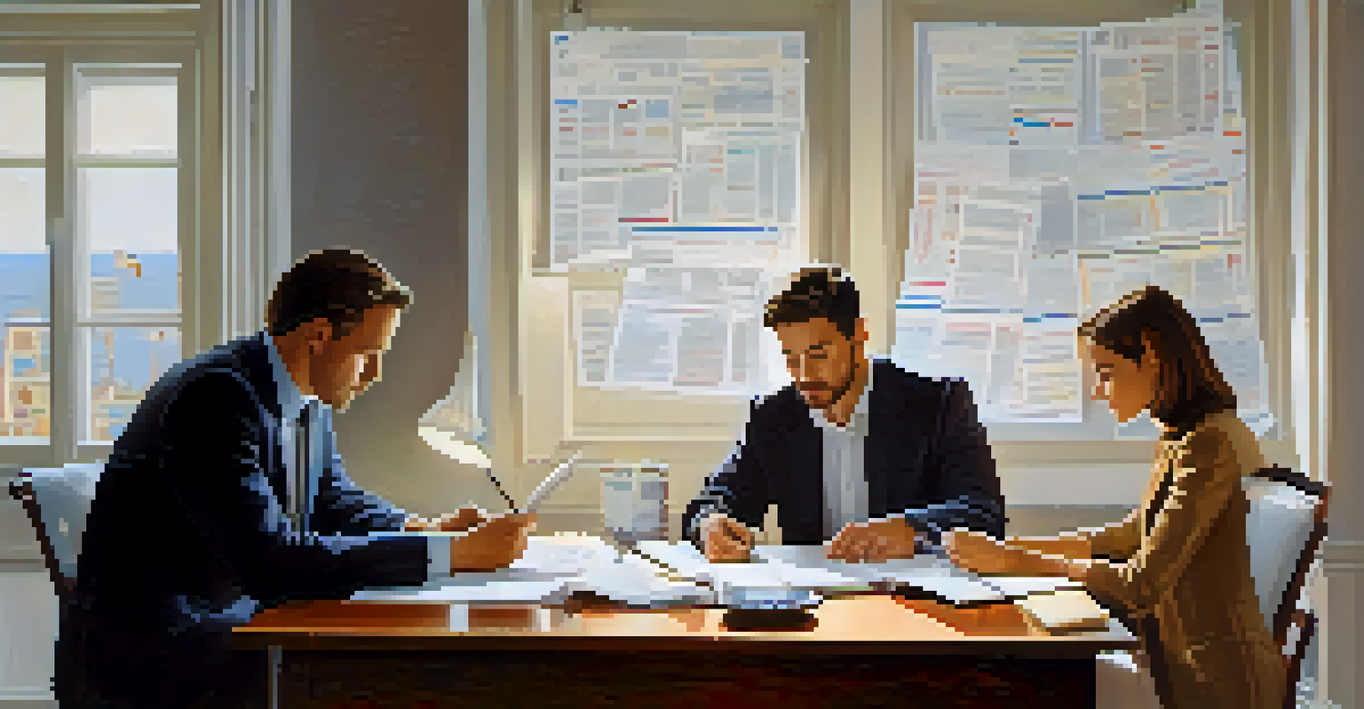 A couple reviewing mortgage documents with a lender at a table, creating a professional atmosphere.