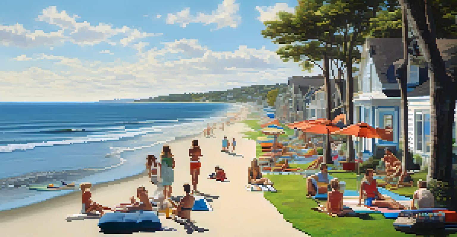 A split image showing a lively beach scene on one side and a serene picnic in an inland park on the other.
