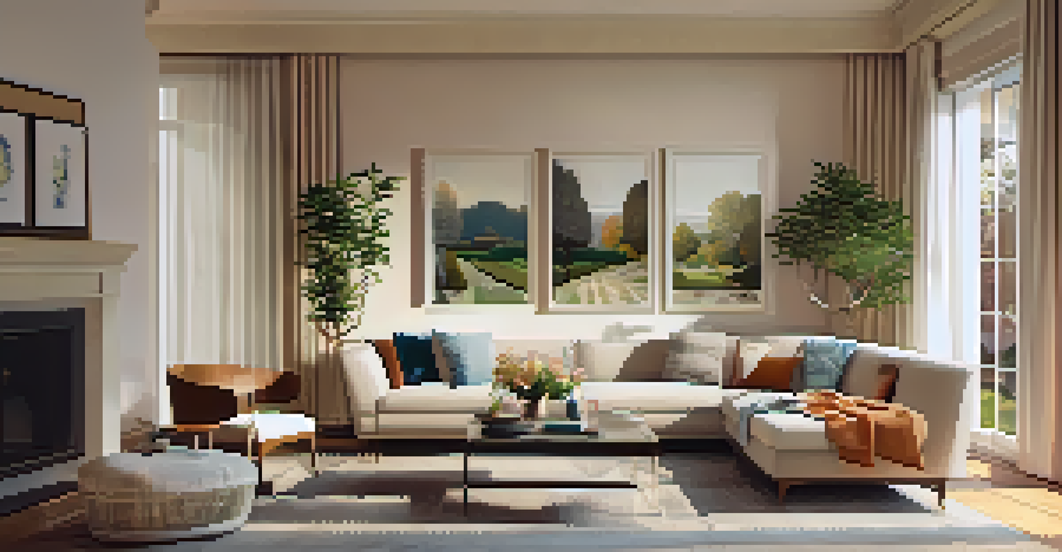 A cozy living room with a comfortable sofa and warm lighting, overlooking a garden.