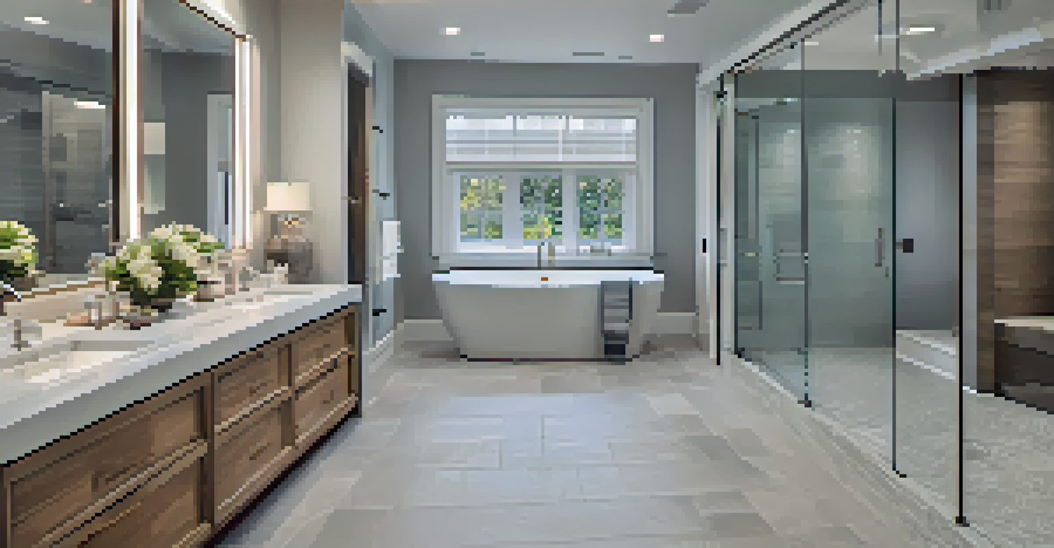 A luxurious bathroom with a freestanding tub, walk-in shower, and dual vanities in a soft color palette.
