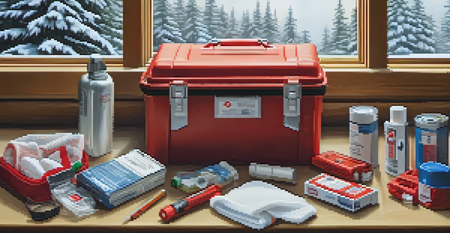 An emergency kit with essential supplies displayed on a table, with a snowy landscape visible through a window.