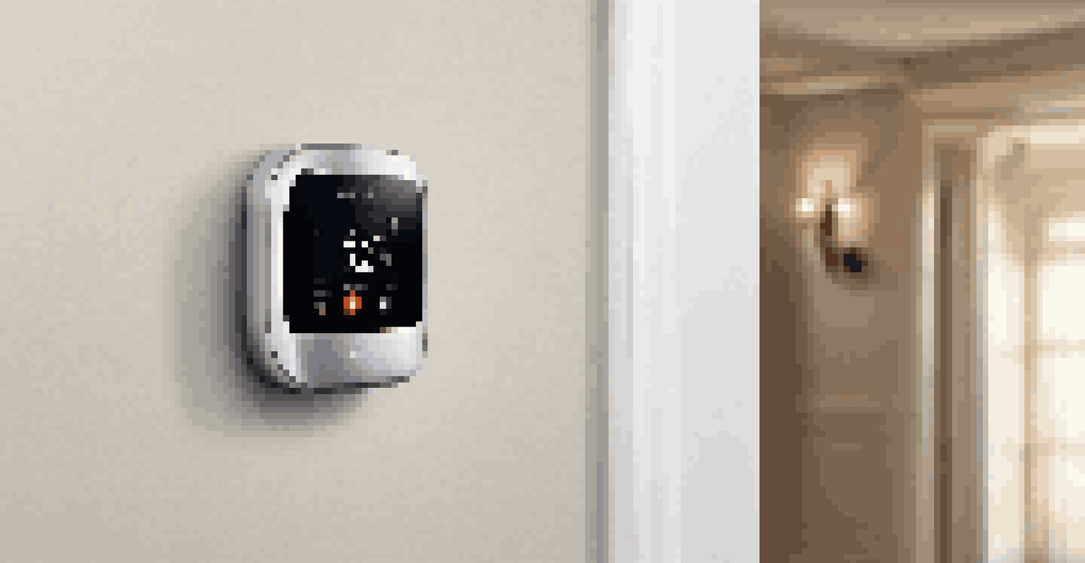 A smart thermostat on a wall showing temperature settings, with a stylish hallway in the background.
