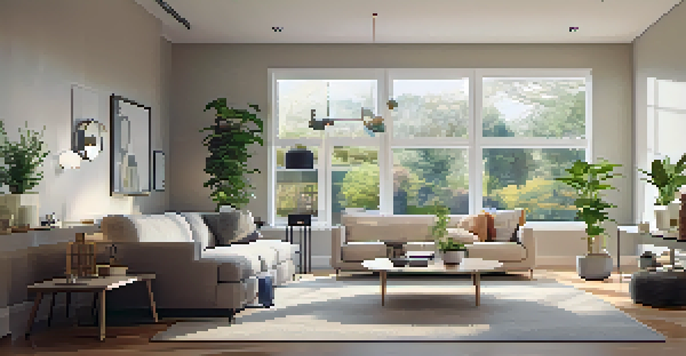 A modern living room showcasing a smart thermostat, bright natural light, and a cozy seating area with a plant.