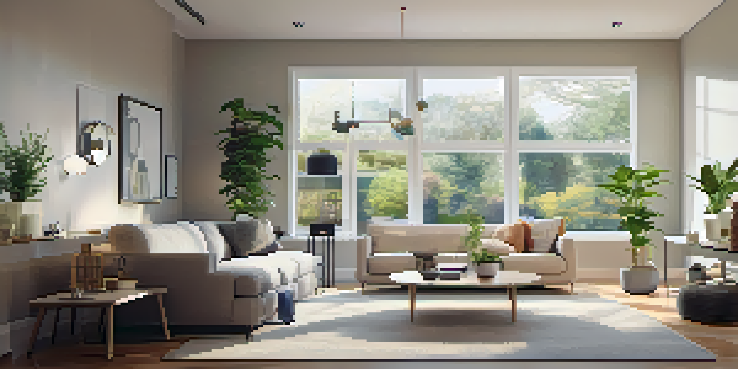 A modern living room showcasing a smart thermostat, bright natural light, and a cozy seating area with a plant.