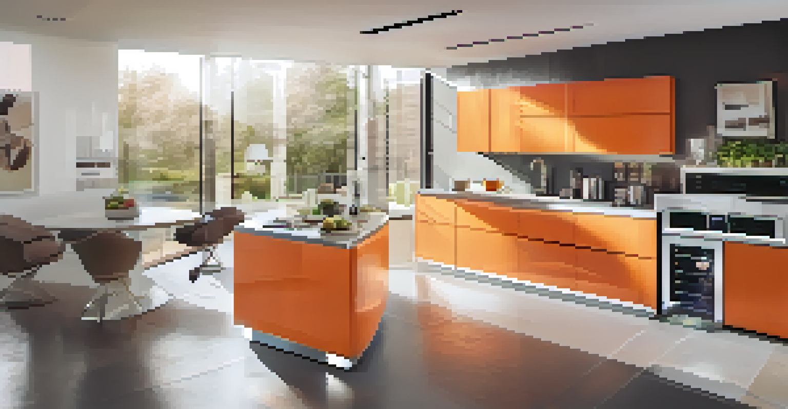 A futuristic kitchen with integrated smart appliances like a refrigerator and coffee maker, featuring a bright design.