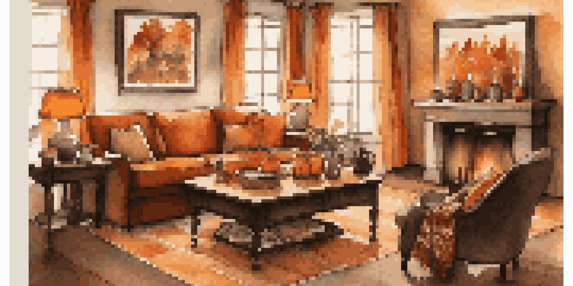 A cozy living room with fall decorations, including orange and brown throws on a sofa, warm lighting, and a pinecone centerpiece on a coffee table.