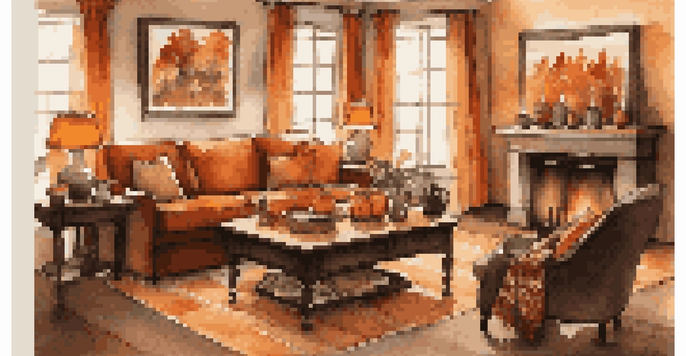 A cozy living room with fall decorations, including orange and brown throws on a sofa, warm lighting, and a pinecone centerpiece on a coffee table.