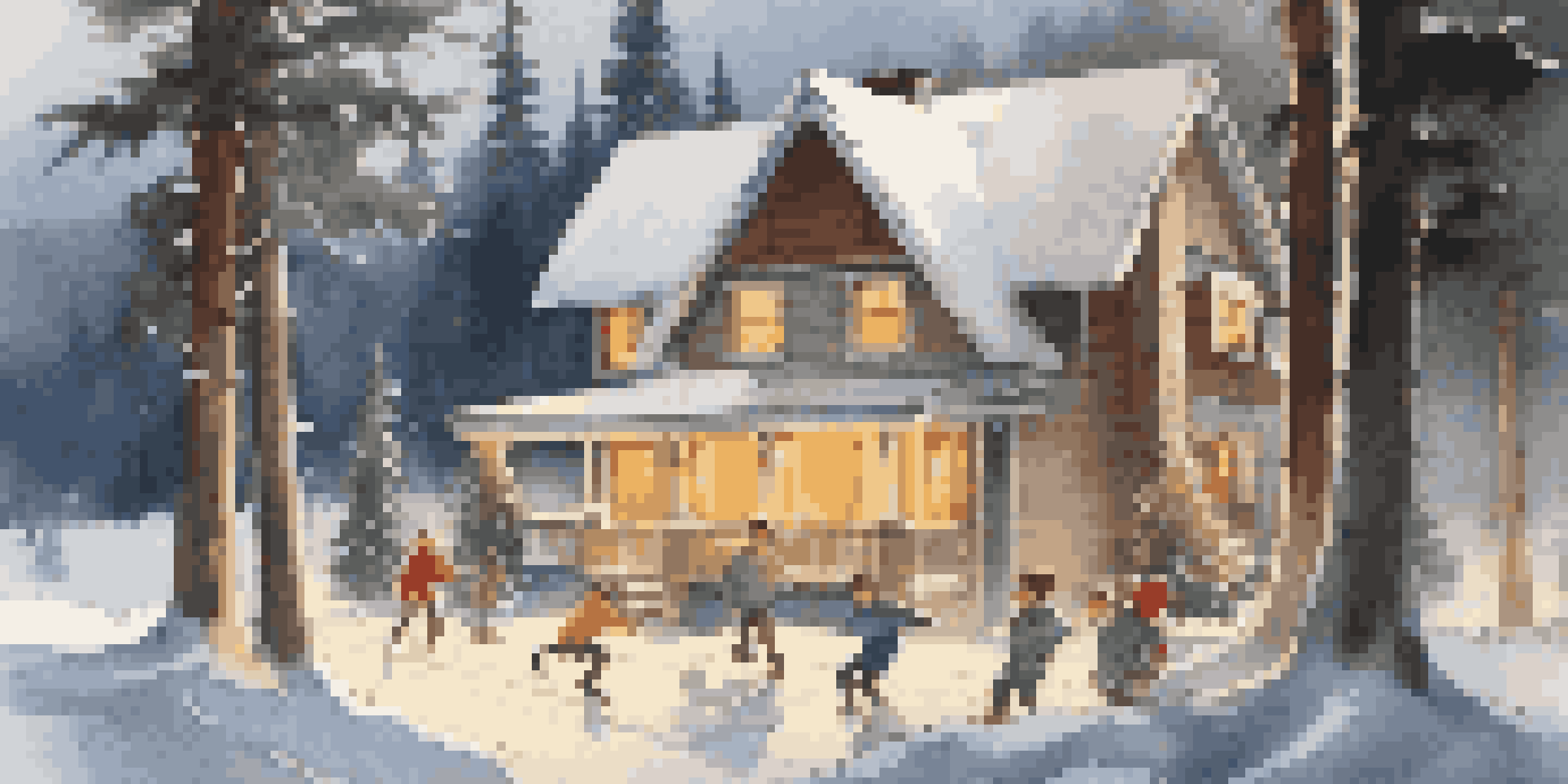 A winter scene featuring a snow-covered house with icicles, tall pine trees, and a family playing in the snow.