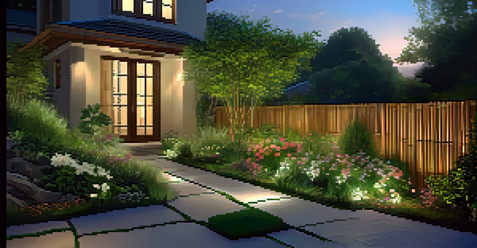 A landscaped yard with bamboo fencing, climbing plants, and garden lights at dusk, creating a warm ambiance.