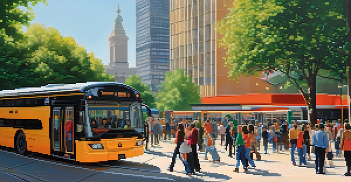 A busy urban public transportation hub with diverse people waiting at a bus station and a modern train station in the background.