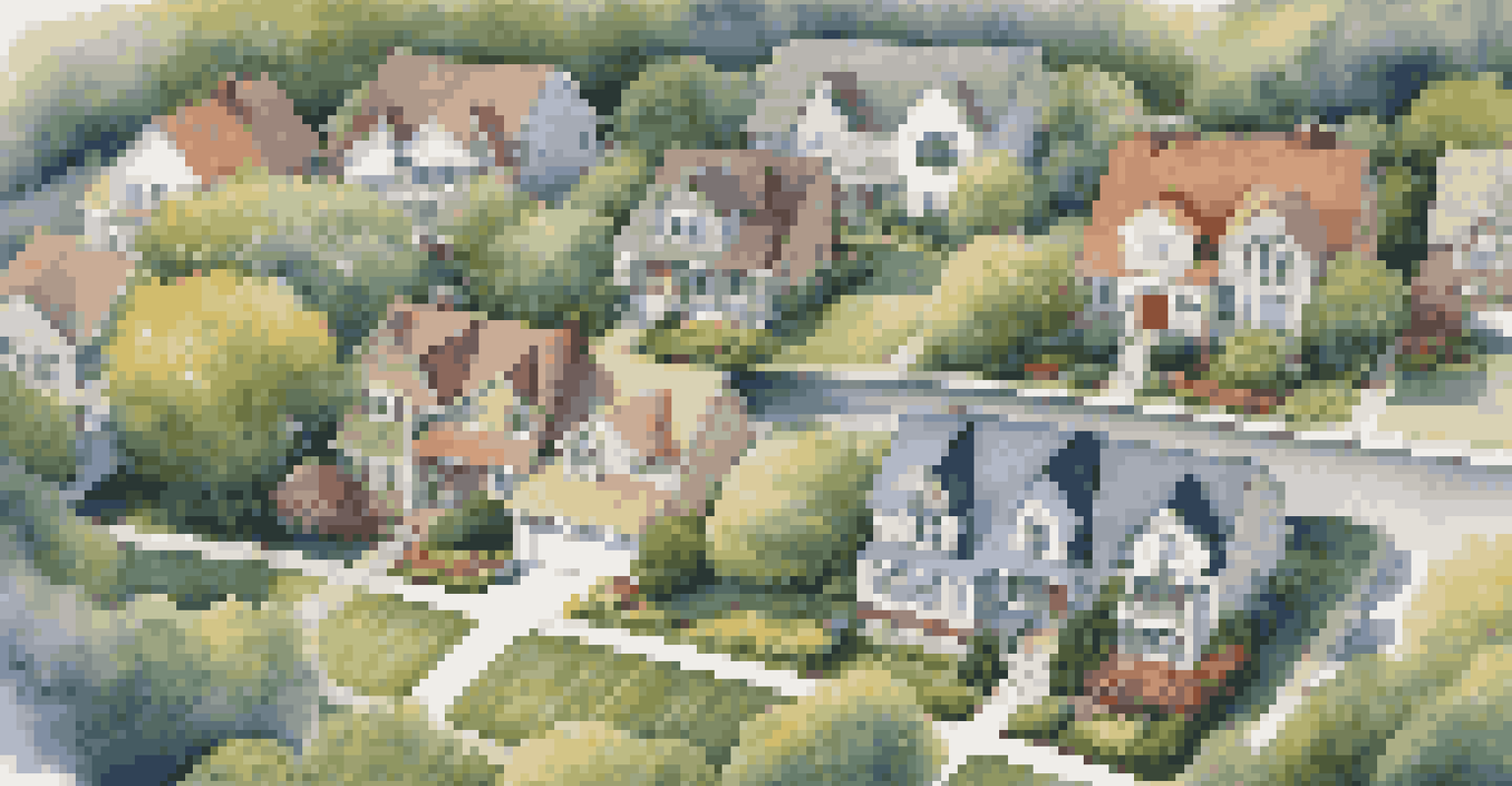 Aerial view of a vibrant suburban neighborhood with houses, gardens, and families enjoying their outdoor spaces.