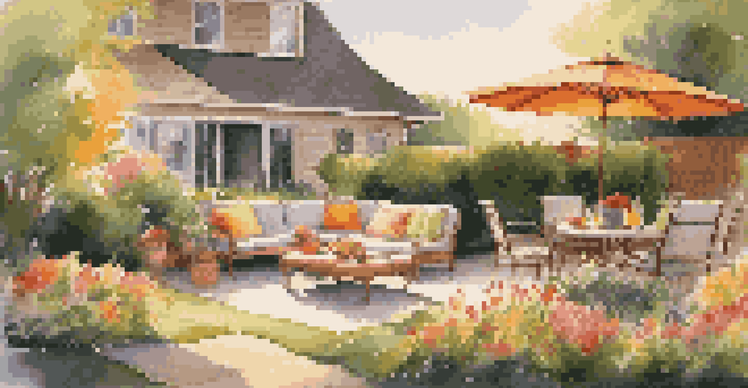 A vibrant backyard garden with a cozy patio, children playing, and a golden sunset creating a warm atmosphere.