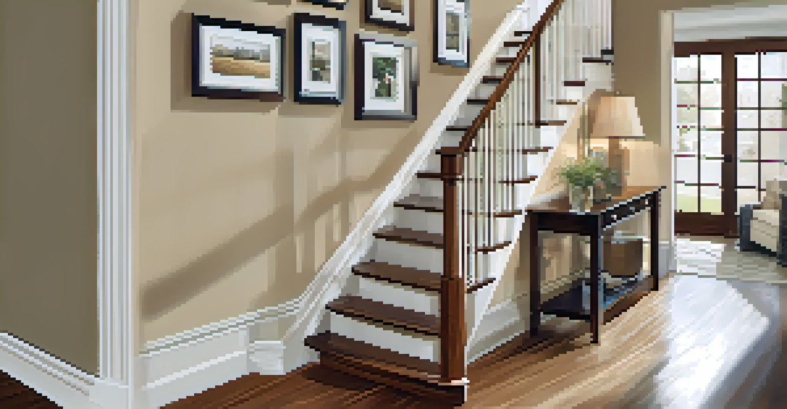 A staircase featuring a wooden grab bar with natural light illuminating the wooden steps and family photos on the walls.