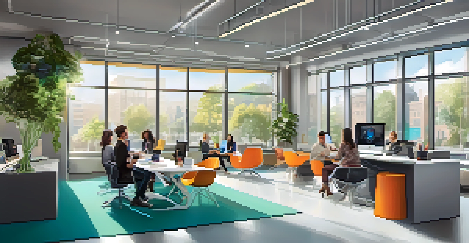 A modern co-working office space filled with people collaborating and using smart technology in a bright environment.