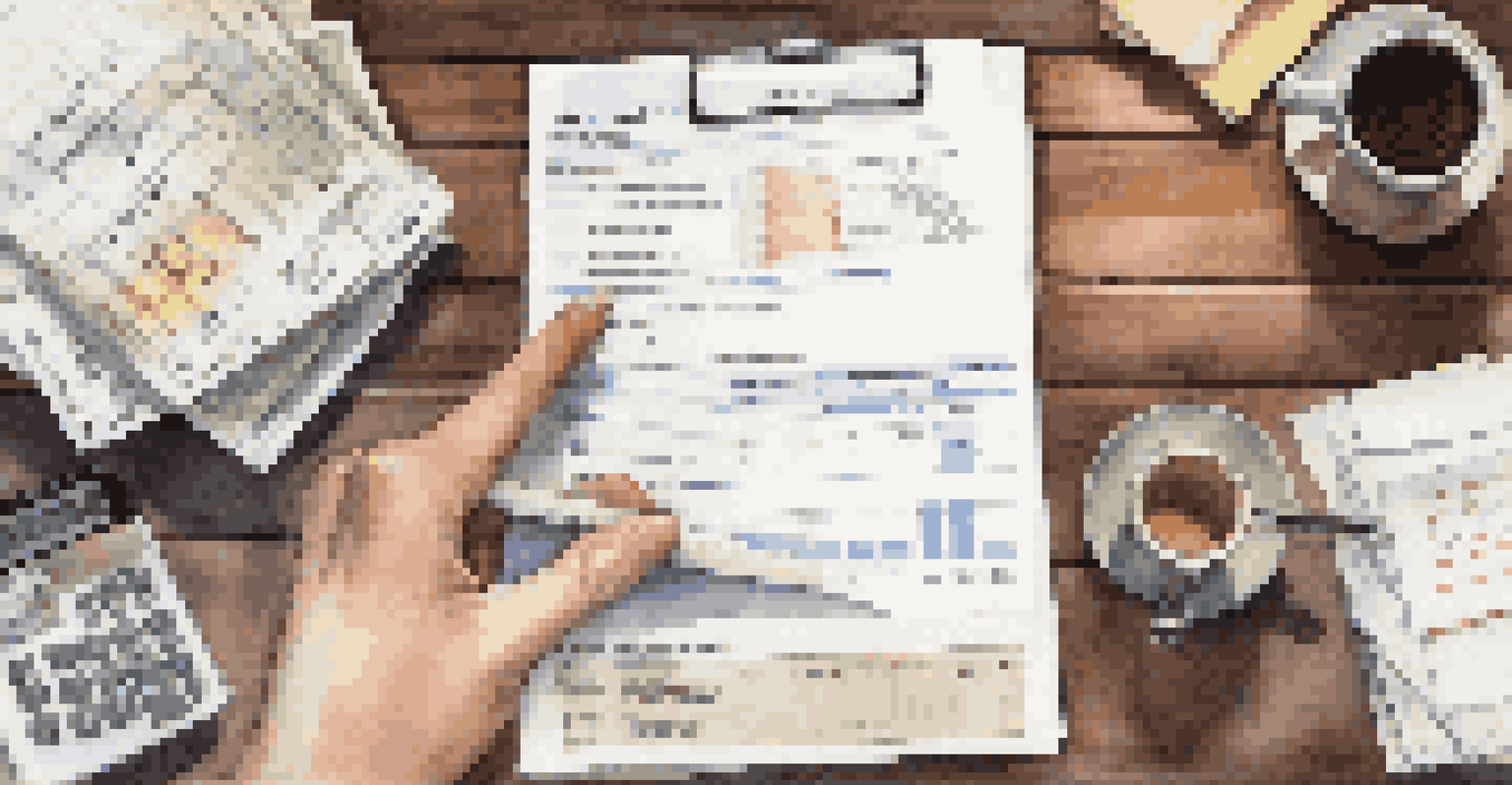 A hand holding financial documents related to renovations, with a calculator, coffee cup, and notepad on a wooden table.