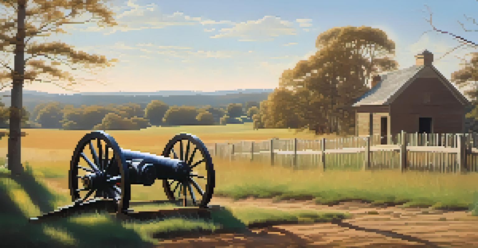 A historic battlefield featuring a preserved cannon and rolling hills under a clear blue sky, with soft sunlight creating a tranquil atmosphere.