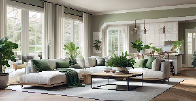 An open floor plan living area with clear pathways, cozy seating, and a dining space bathed in natural light.