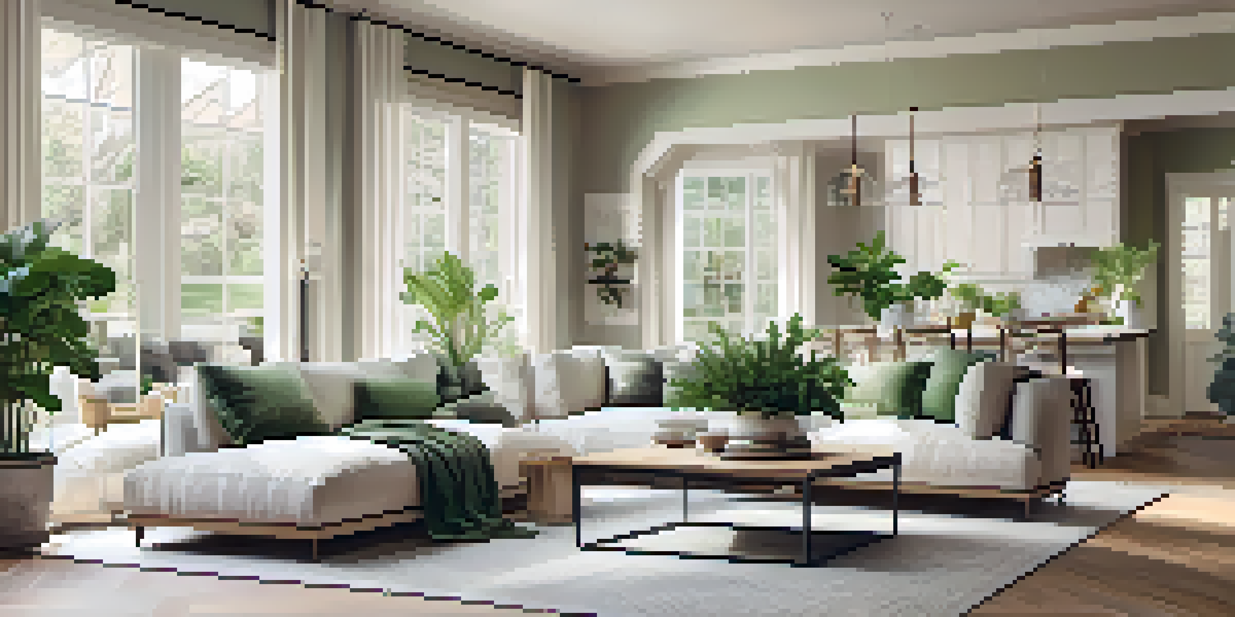 An open floor plan living area with clear pathways, cozy seating, and a dining space bathed in natural light.