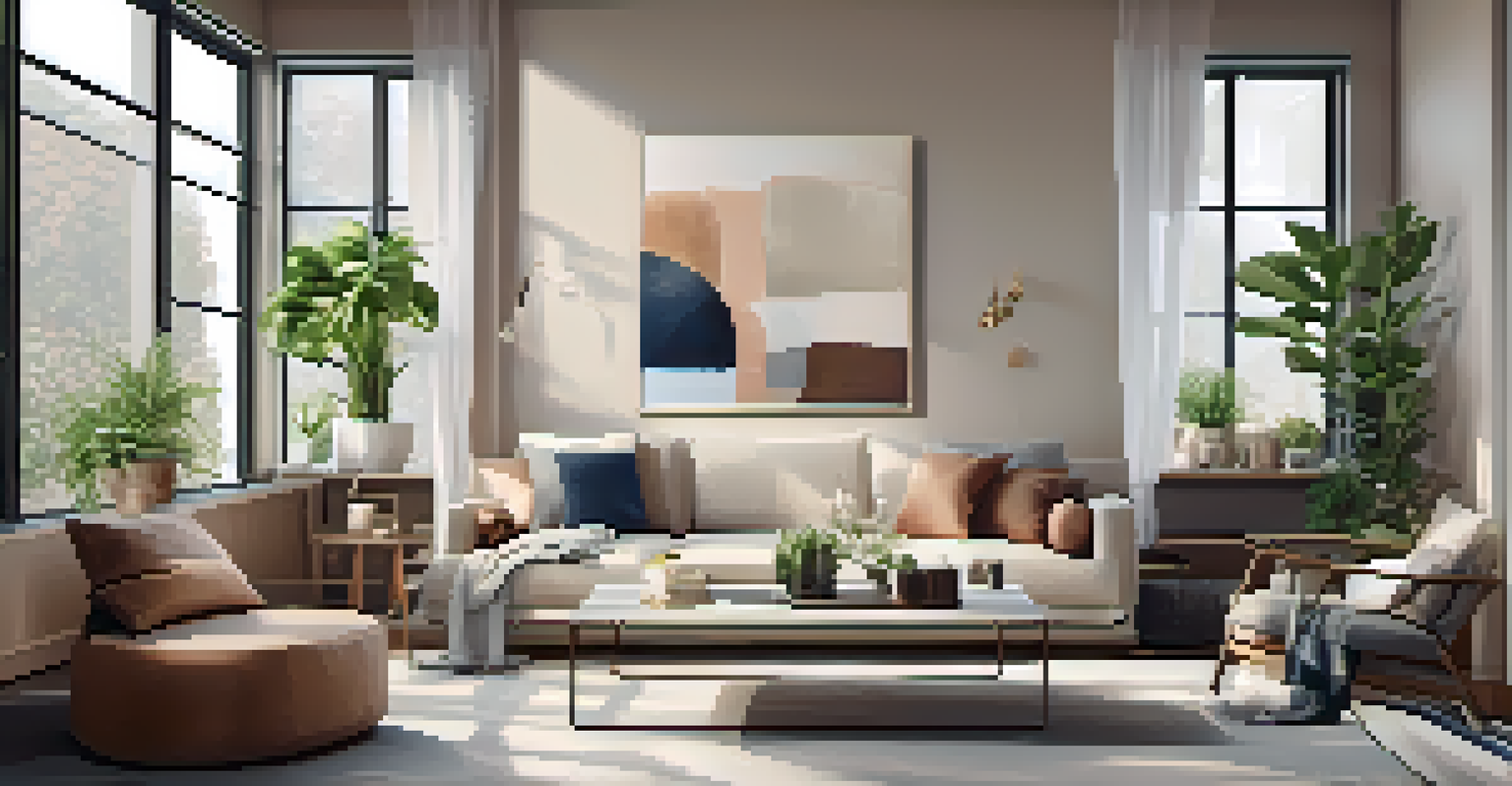 A cozy modern living room with large windows, stylish furniture, and natural light.