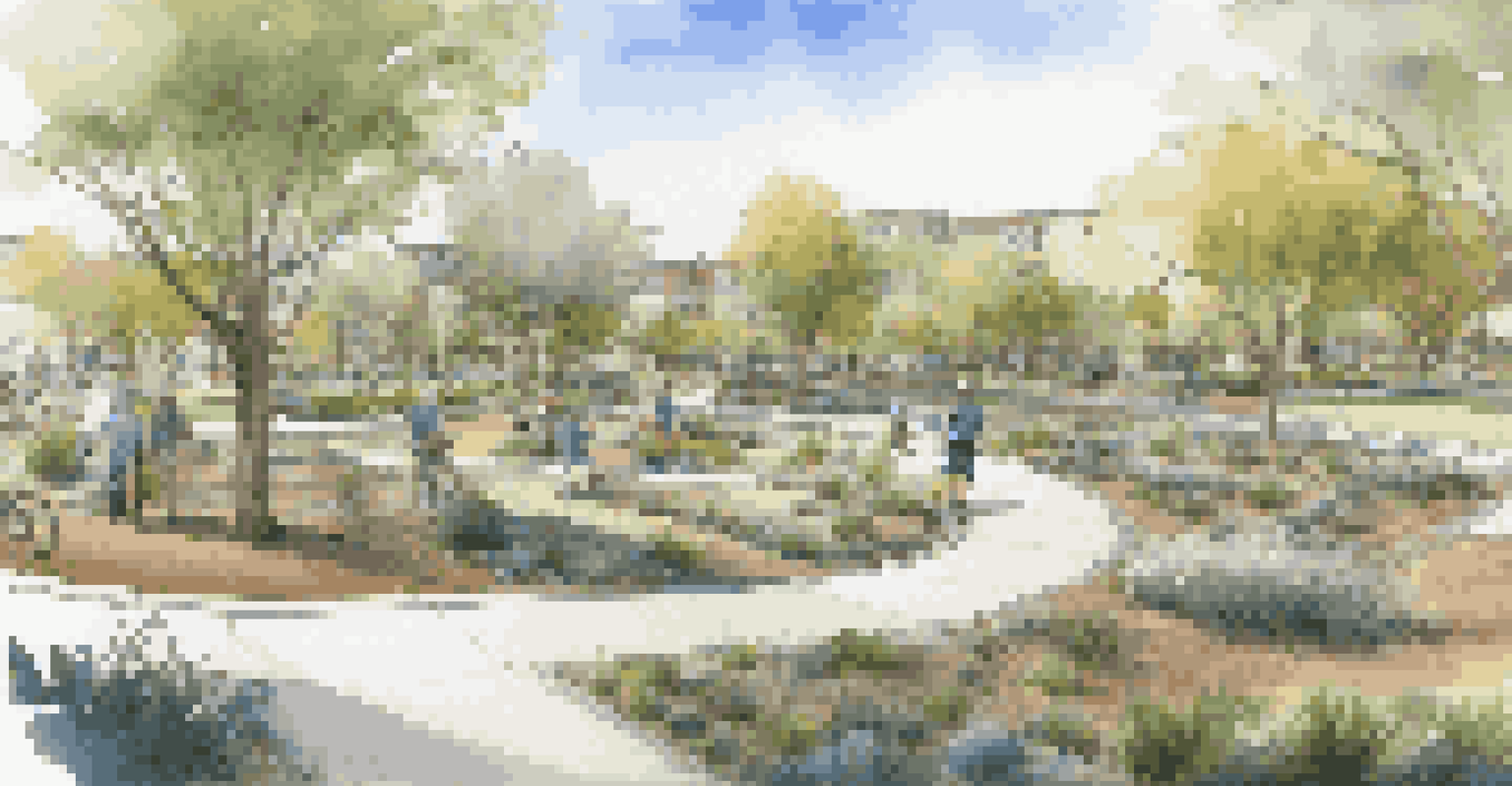 A vibrant community park with native plants and smart irrigation, featuring paths and recreational spaces under a clear sky.