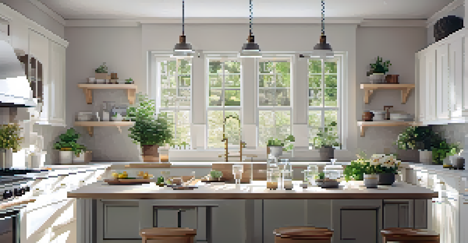 A bright kitchen with a neutral color palette, fresh flowers, and houseplants, illuminated by sunlight.