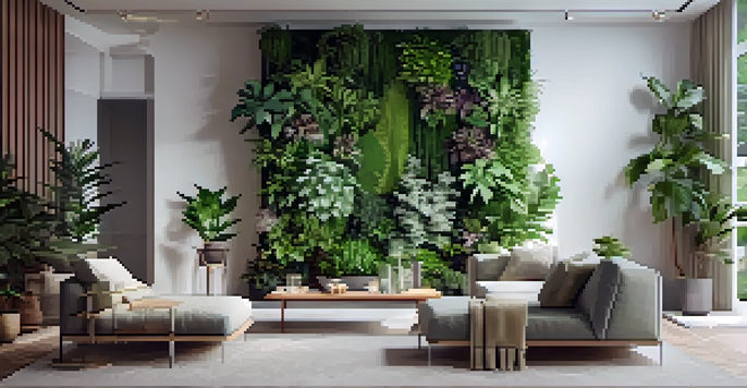 A vertical garden on a living room wall filled with various green plants, illuminated by soft natural light.