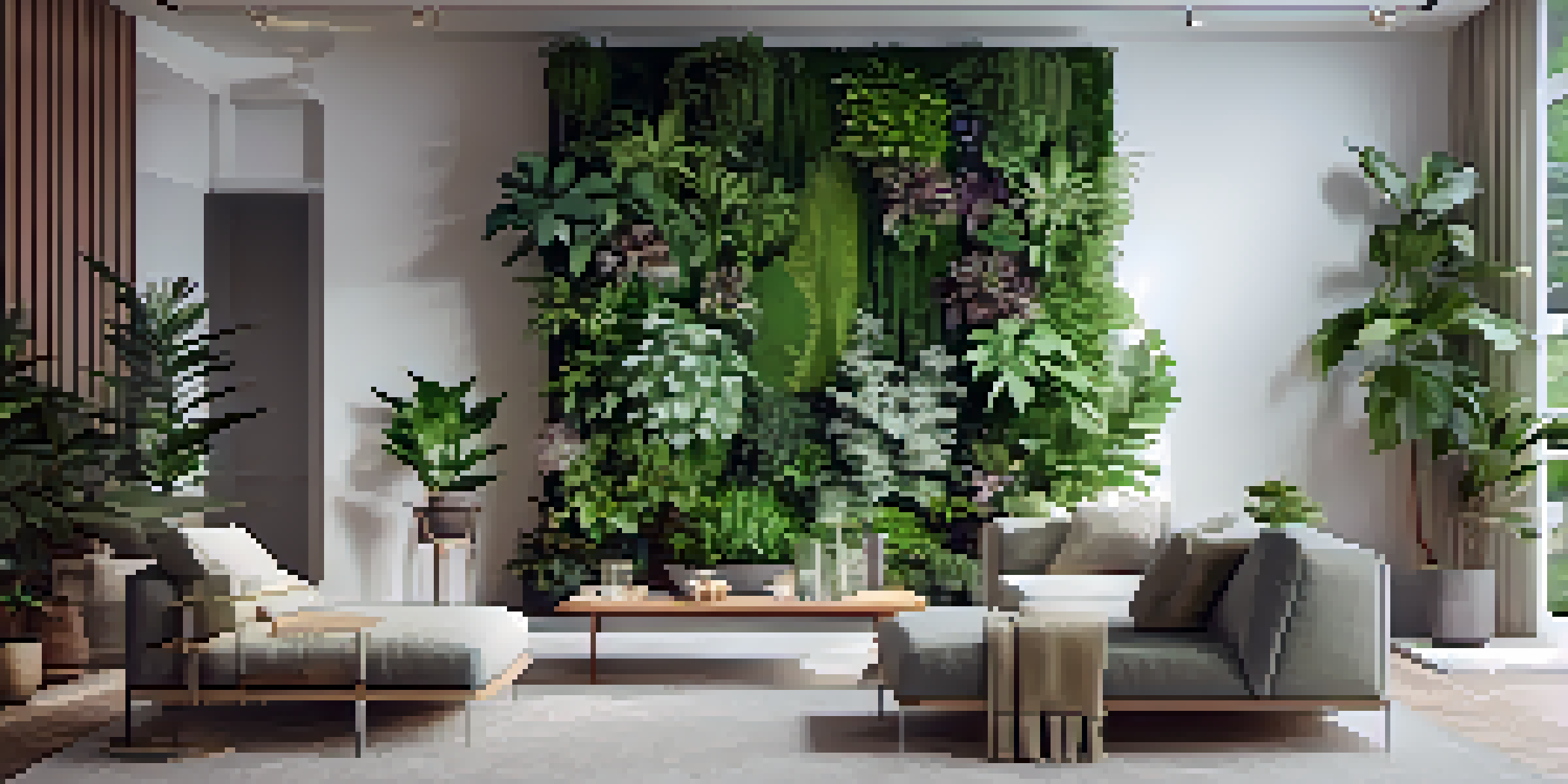 A vertical garden on a living room wall filled with various green plants, illuminated by soft natural light.