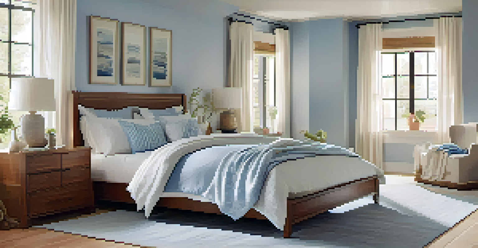 A serene bedroom with soft cork flooring, light colors, a cozy bed, and natural light filtering through sheer curtains.
