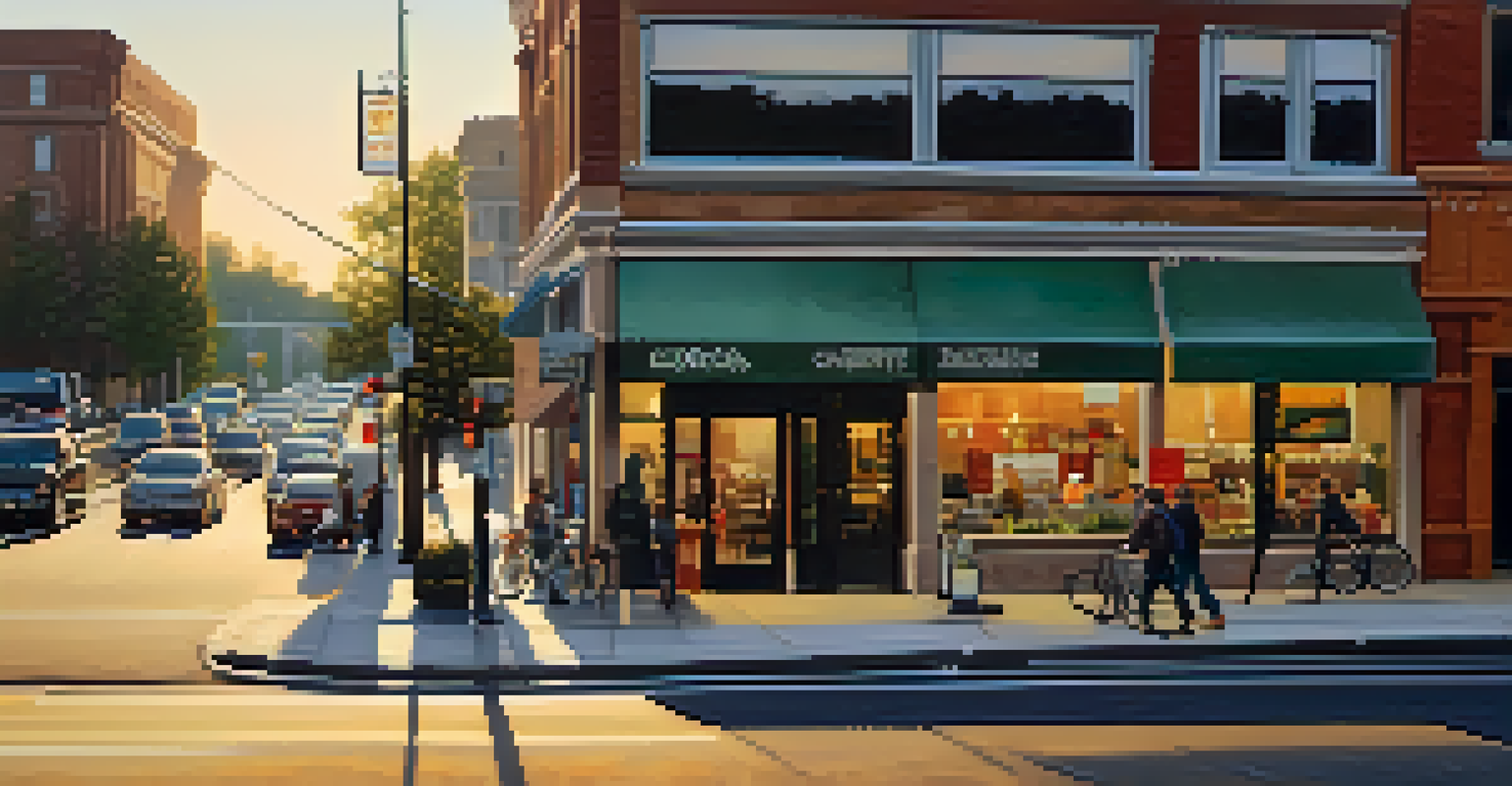 A close-up of a commercial storefront at a busy intersection, with traffic and pedestrians visible, illuminated by sunset.