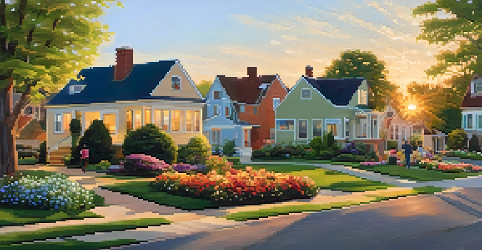 A peaceful residential area featuring houses, gardens, and a park with children playing under a sunset.