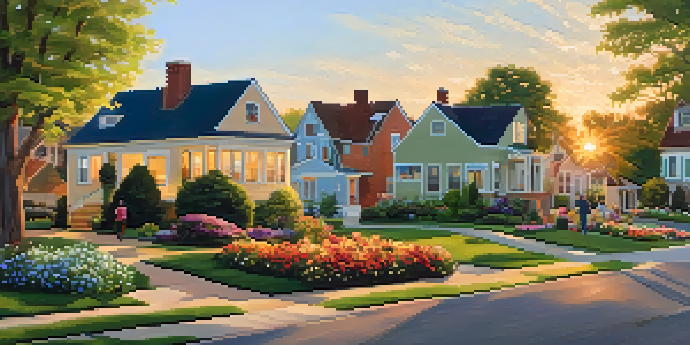 A peaceful residential area featuring houses, gardens, and a park with children playing under a sunset.