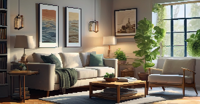 A warm and inviting living room with a sofa, coffee table, bookshelf, and sunlight streaming through a window.