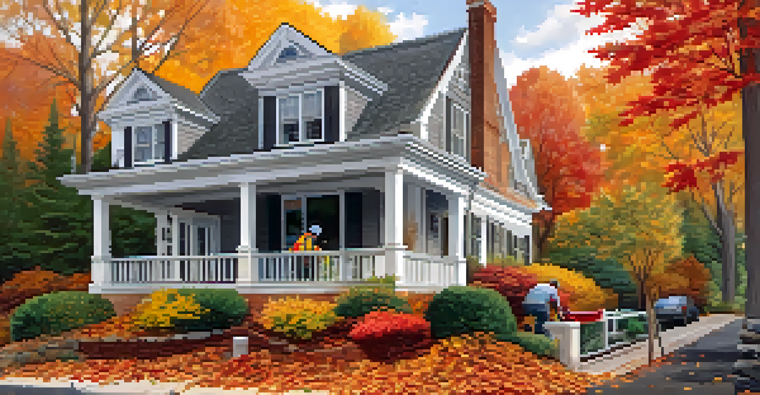 A homeowner cleaning gutters amid colorful autumn leaves, emphasizing seasonal home maintenance.