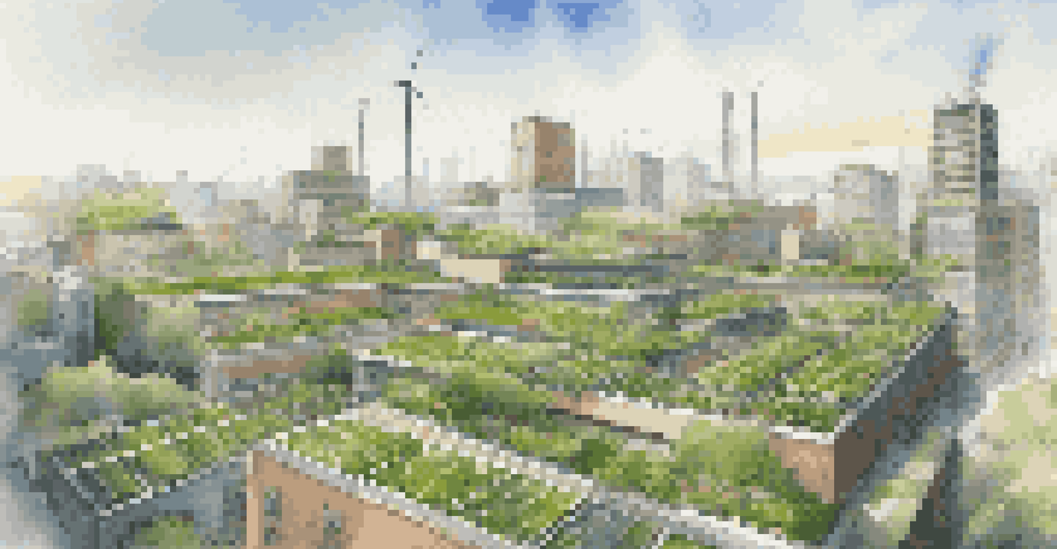 Aerial view of a city showcasing rooftop gardens and vertical farms integrated into the urban environment.