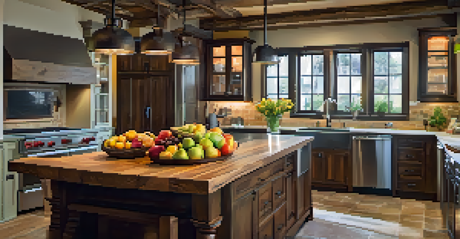 A kitchen island with hanging pendant lights, warm tones, and a bowl of colorful fruits, set against a rustic kitchen backdrop.