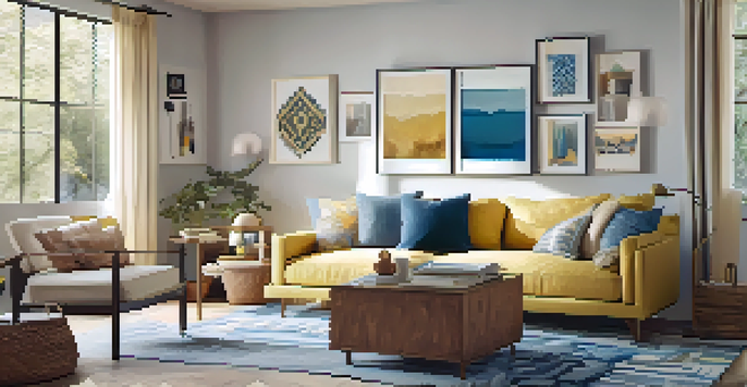 A cozy small living room with a sofa bed, colorful cushions, and a gallery wall of art under warm natural light.