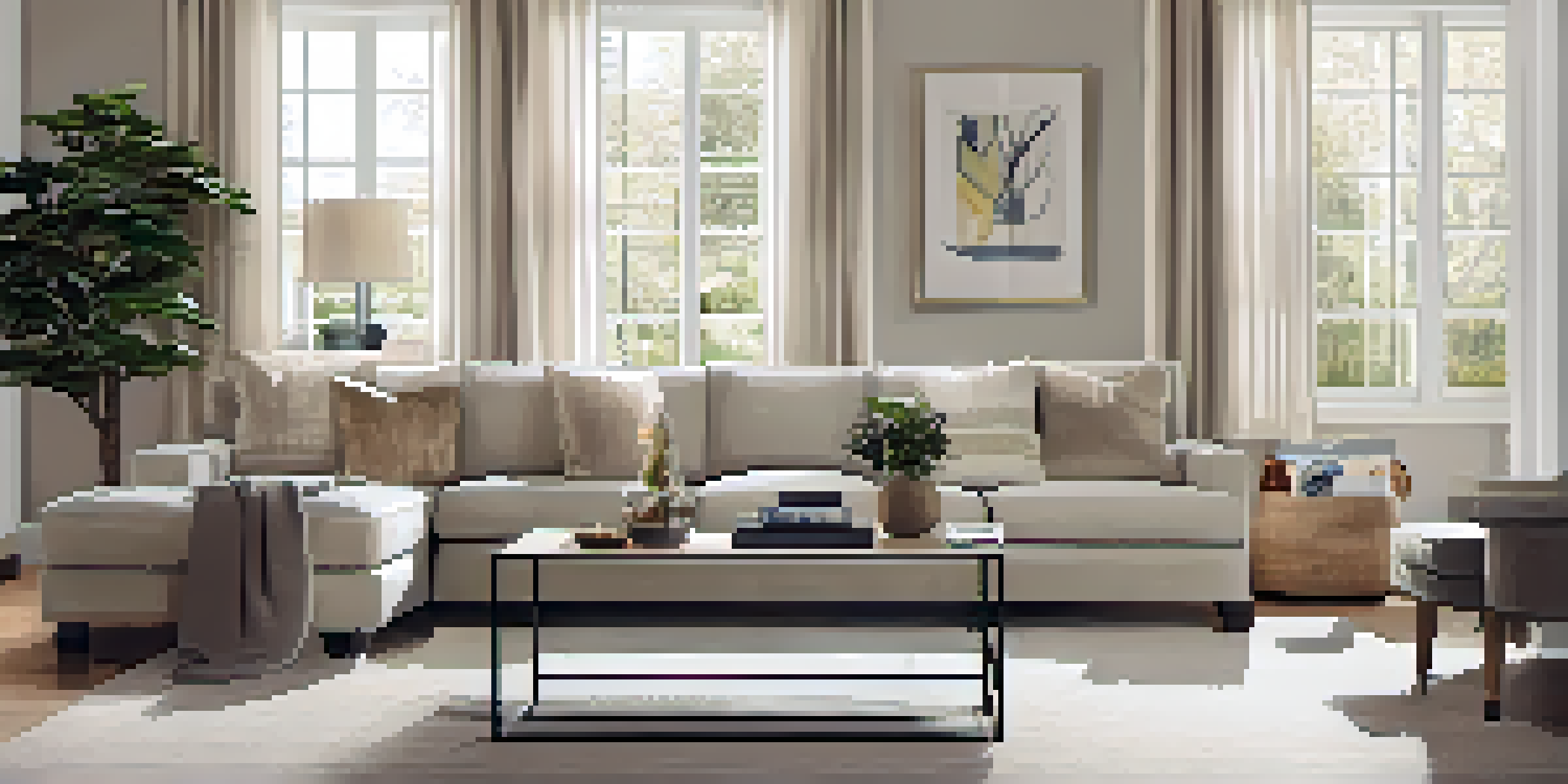 A well-staged living room with a beige sofa, gray cushions, and abundant natural light from a large window.