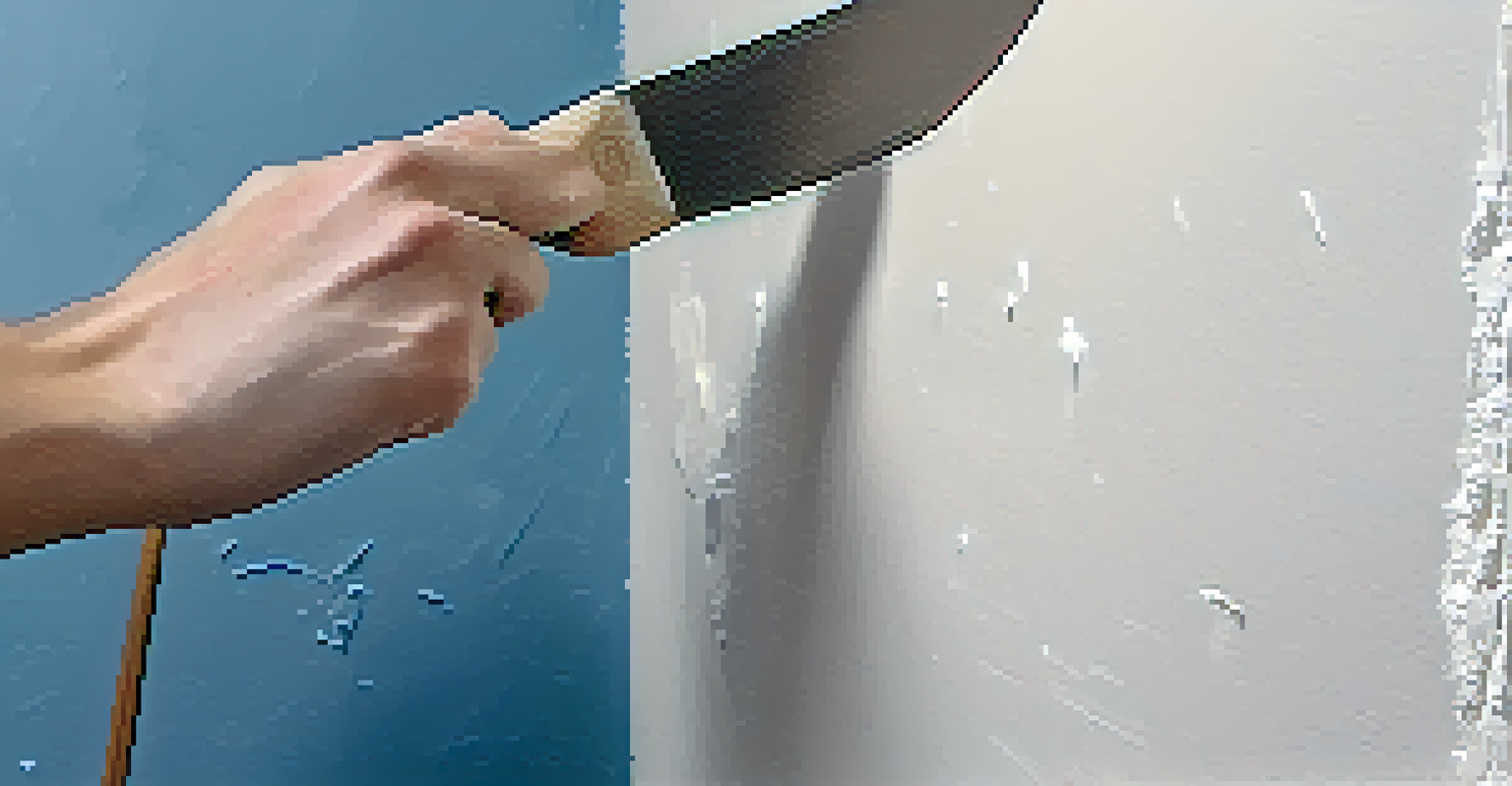 A hand using a putty knife to fill a hole in the wall with spackle, with painting supplies in the background.