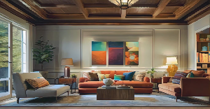 A warm and inviting living room with ambient lighting, a cozy sofa, and a colorful painting highlighted by accent lights.