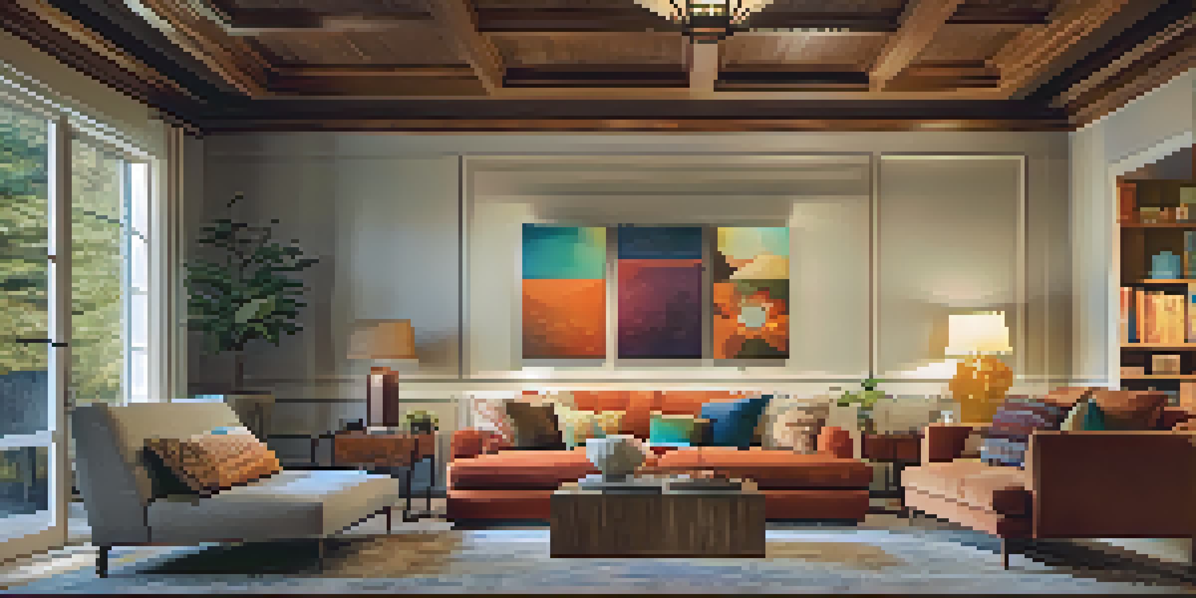 A warm and inviting living room with ambient lighting, a cozy sofa, and a colorful painting highlighted by accent lights.