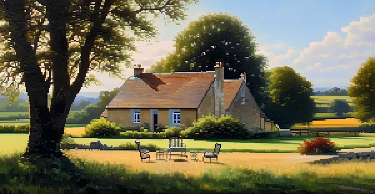 A beautiful rural setting with a house, fields, and an outdoor workspace shaded by a large tree.