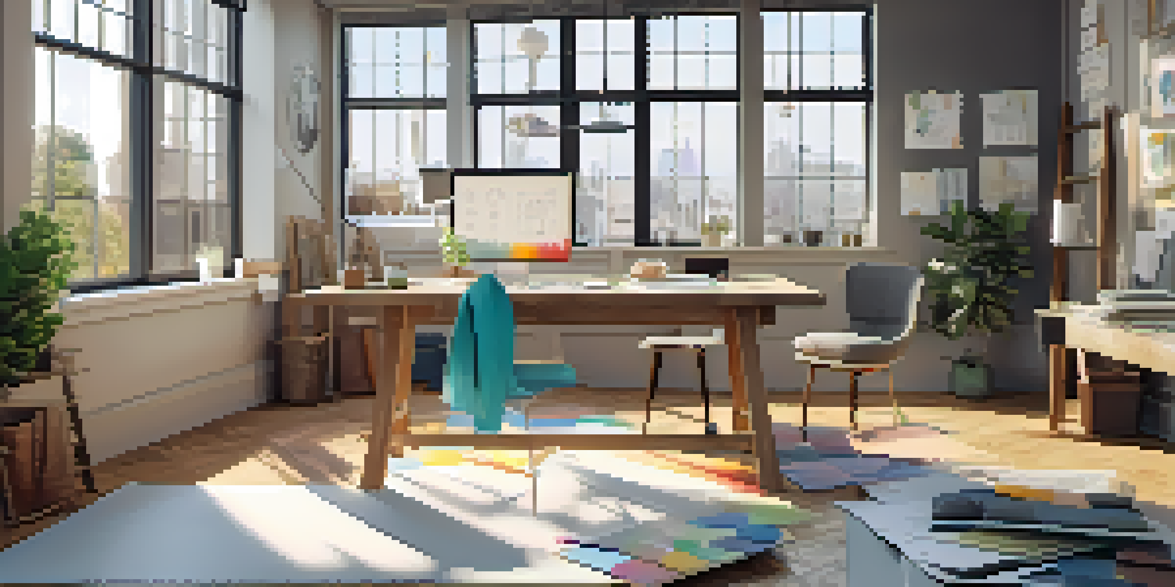 A bright workspace with a wooden table covered in paint swatches, design sketches, and a laptop, illuminated by natural light from a window.