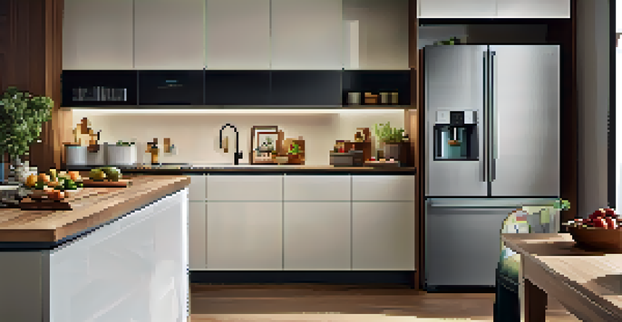 A kitchen with a smart oven and fridge, and fresh ingredients on the counter, illuminated by warm lighting.